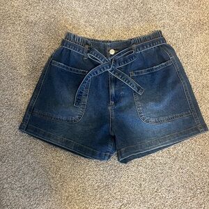 Vigoss Dark Blue Denim Paperbag Waist Tie-Front Shorts Sz 27 EUC